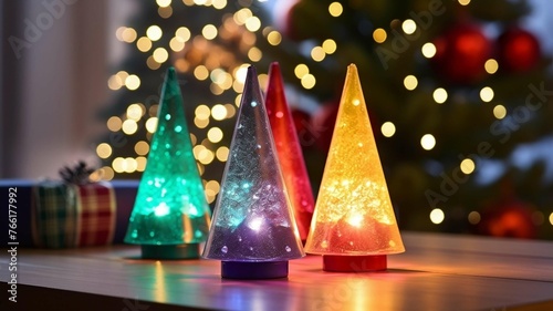 Colorful Christmas Trees on a Festive Table
