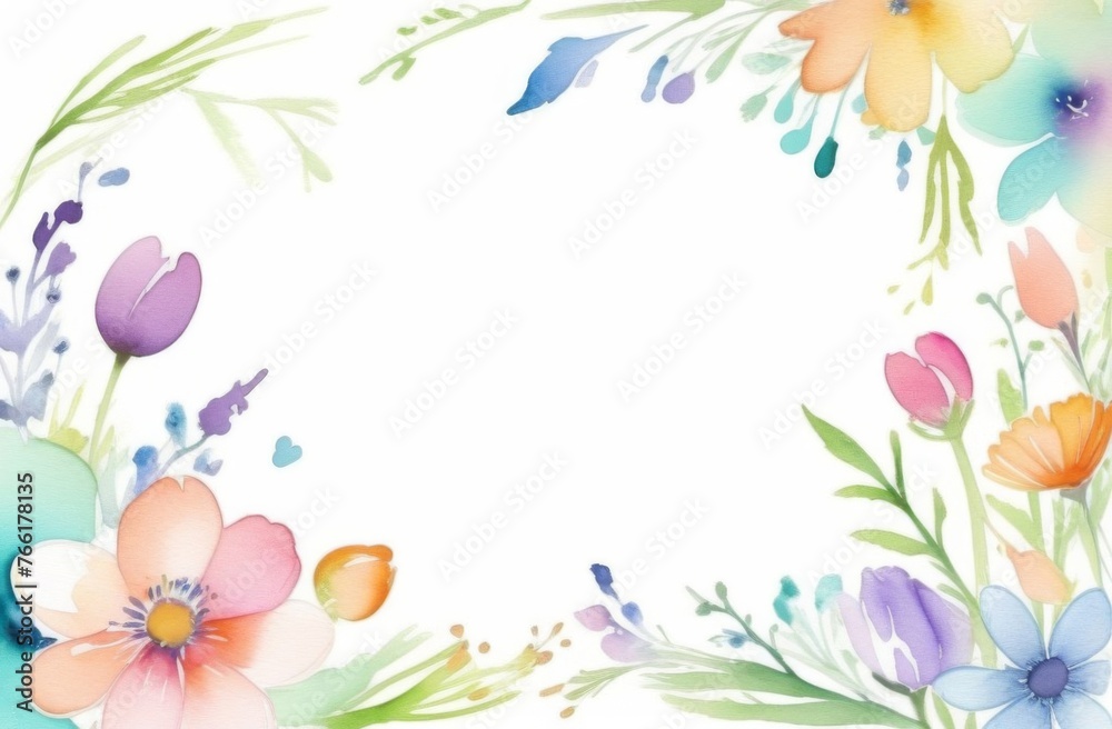 pastel delicate beautiful floral frame, watercolor, place for text, white background, greeting card