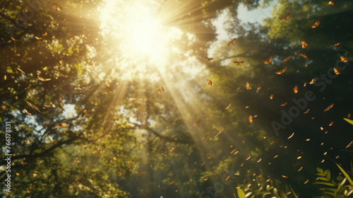 Sunlight in the forest with tiny glowing insects flying against the sun. Beautiful summer spring floral natural panorama scenery.