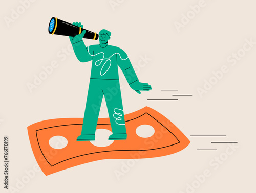 Man looking in binocular and fly on money banknote. Colorful vector illustration
