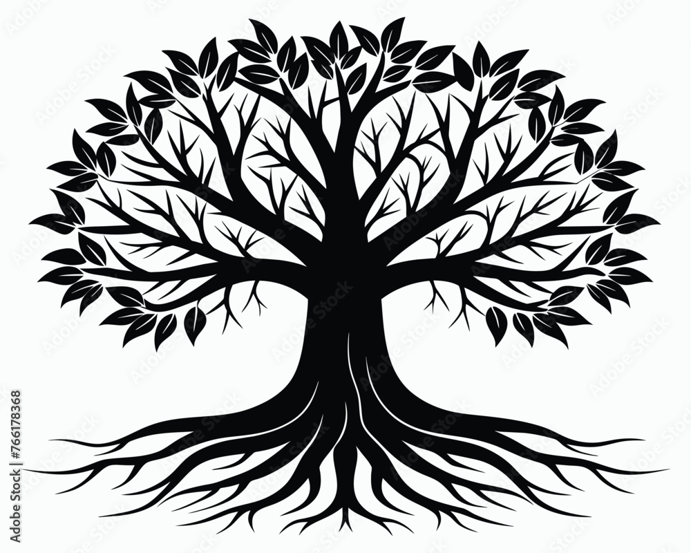 Fototapeta premium Black Tree With Roots Silhouette Stock illustration