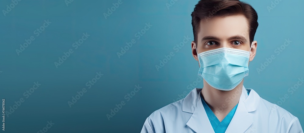 The doctor is wearing a surgical mask over his nose and mouth, covering his head and jaw. His hair is neatly tucked in, and he also wears eyewear for vision care The doctor is wearing a surgical mask over his nose and mouth, covering his head and jaw. His hair is neatly tucked in, and he also wears eyewear for vision care