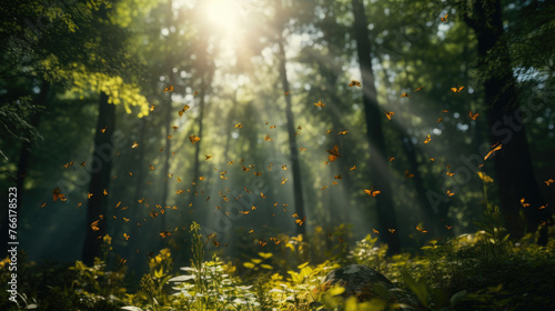 Sunlight in the forest with tiny glowing insects flying against the sun. Beautiful summer spring floral natural panorama scenery. © ribelco
