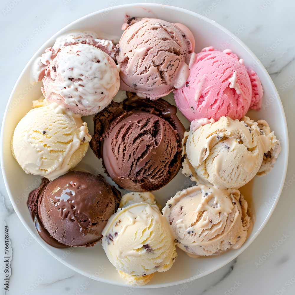 Ice cream scoops neatly arranged on a white round plate Ice cream scoops neatly arranged on a white round plate