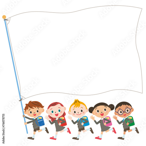 白い旗を持って学校に行く子供達