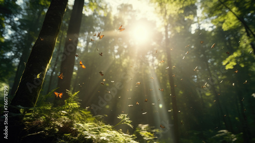 Sunlight in the forest with tiny glowing insects flying against the sun. Beautiful summer spring floral natural panorama scenery. © ribelco