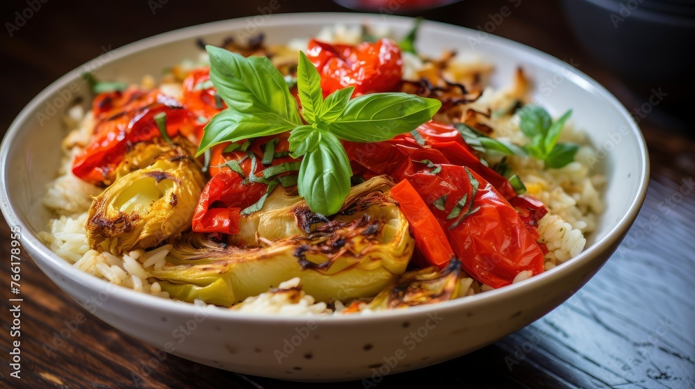 A vibrant dish of roasted eggplant, peppers, and tomatoes served over white rice, garnished with fresh herbs. A vibrant dish of roasted eggplant, peppers, and tomatoes served over white rice, garnished with fresh herbs.