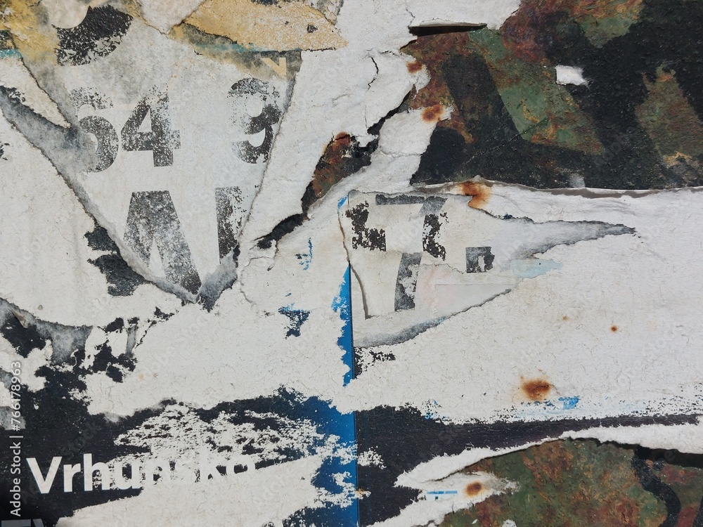 Fototapeta premium Torn street poster background, abstract old ripped paper collage backdrop