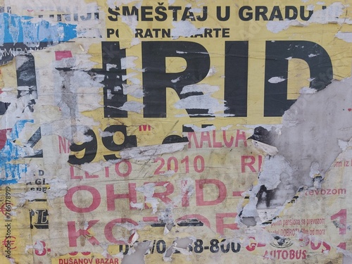 Torn street poster background, abstract old ripped paper collage backdrop