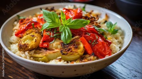 A vibrant dish of roasted eggplant, peppers, and tomatoes served over white rice, garnished with fresh herbs.