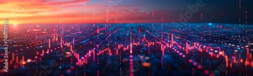 An artistic representation of a digital cityscape at sunset  with a vibrant network of data illustrating a smart city s connectivity.
