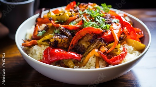 A vibrant dish of roasted eggplant, peppers, and tomatoes served over white rice, garnished with fresh herbs.
