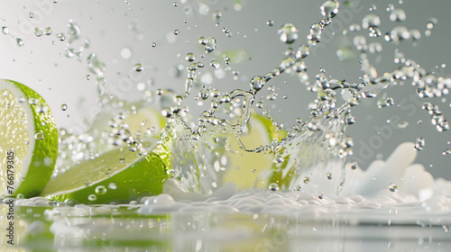 A sparkling lemon-lime soda exploding in a splash on a clean white surface, with fizzy bubbles and citrusy droplets suspended in mid-air. 