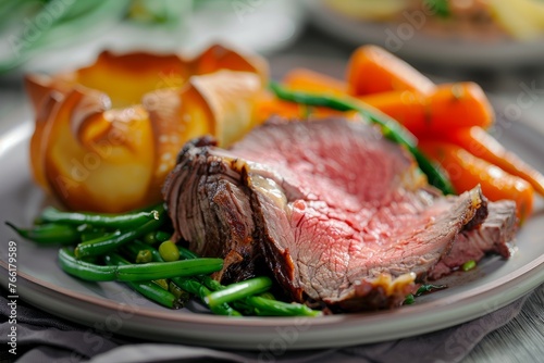 Juicy Sunday Roast Beef with Vegetables, Close-Up Side Angle