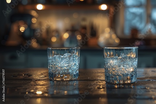 Close-Up of Ice-Filled Glasses on Dark Rustic Background, Elegant Mood