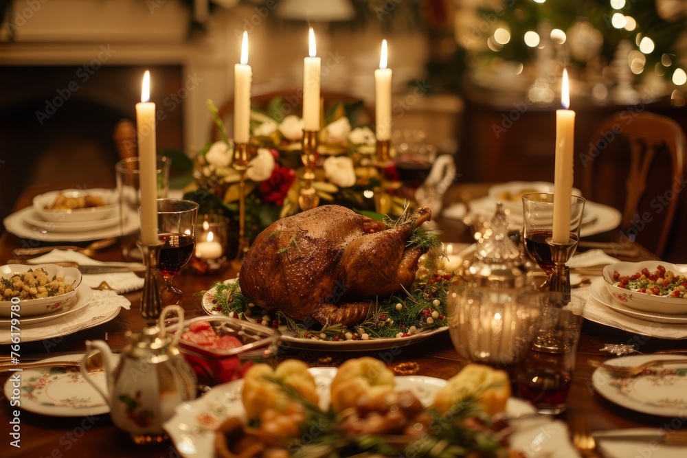 Festive Dinner Table: Roasted Turkey with Candles and Decor