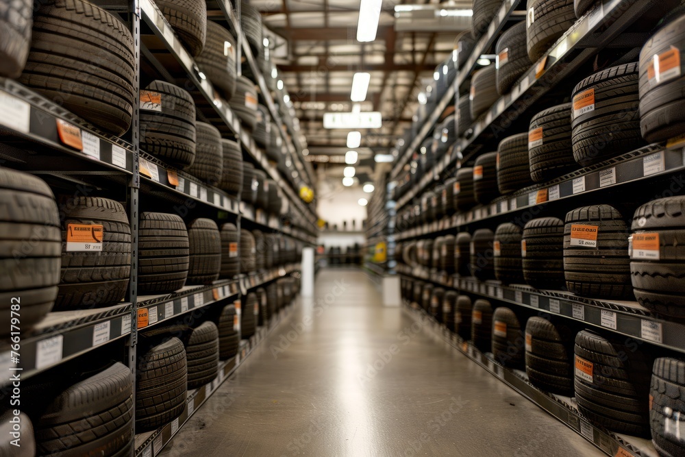 Tire Store Aisle: Endless Rows of Automotive Tires