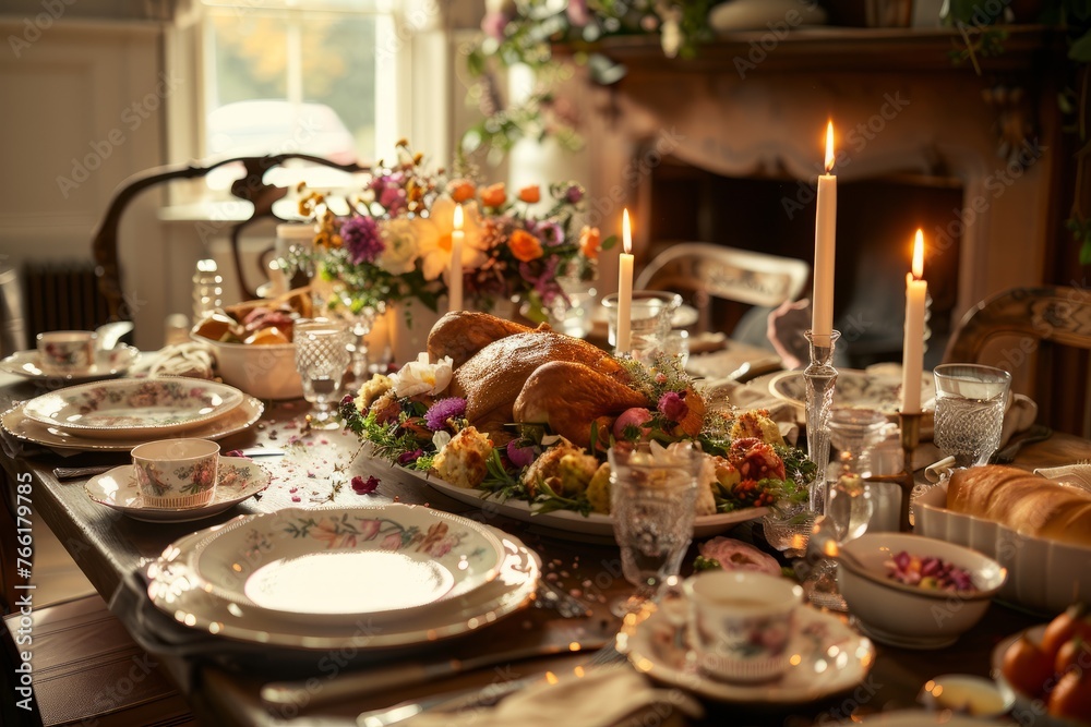 Warm Holiday Feast: Decorated Table with Candlelight and Turkey
