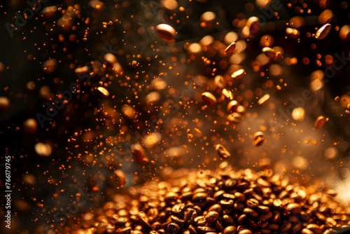 Fresh Coffee Beans Tossing in Roaster, High Detail Shot