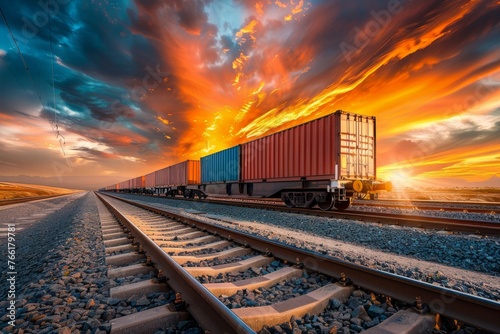 Industrial Sunset: Cargo Train and Colorful Containers