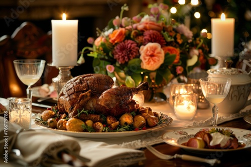 Holiday Dinner Ambience  Candlelit Table with Roast Turkey