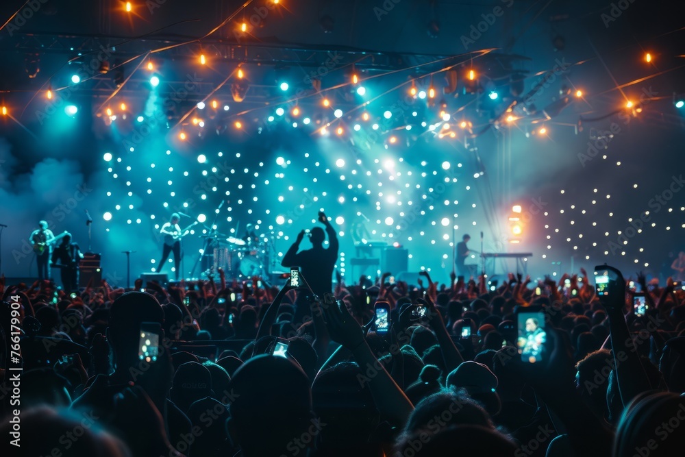 Concert Crowd Illuminated by Smartphone Lights, Nighttime