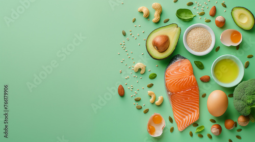 Fototapeta Naklejka Na Ścianę i Meble -  Steak, raw fish, cereals, fresh vegetables, avocado, nuts, and spices on a green background. Ketogenic diet concept Cardiovascular nutrition, turquoise wood board background, top view of copy space.