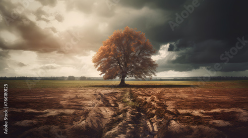 a tree standing in the middle of a field