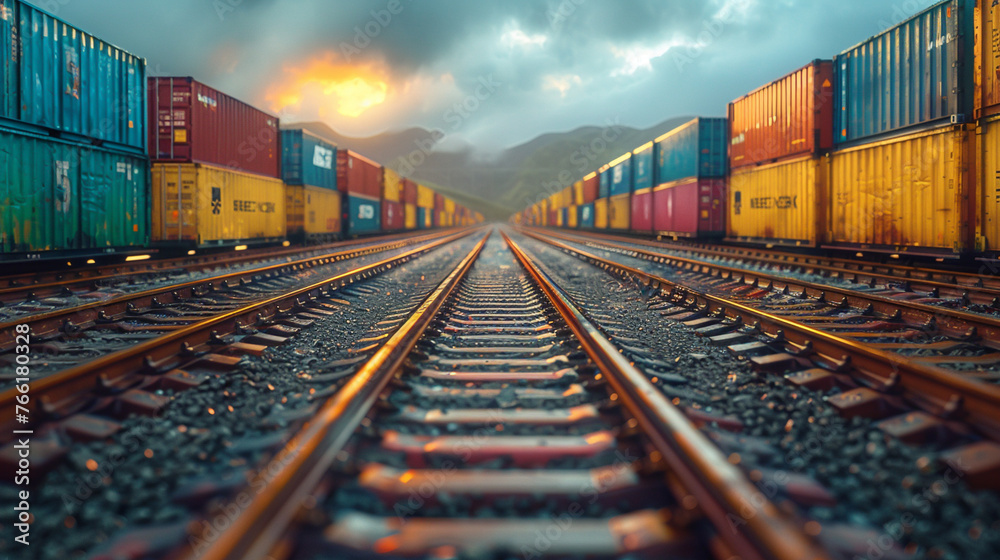 Obraz premium Freight train journey, detailed imagery of diverse cargo, highlighting the robustness and efficiency of rail logistics, style cyan and yellow, cinematic tone