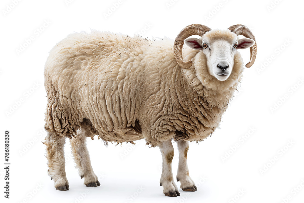 Portrait full body shot of male sheep or ram standing in front of white background. eid adha sacrificed animal in muslim belief.