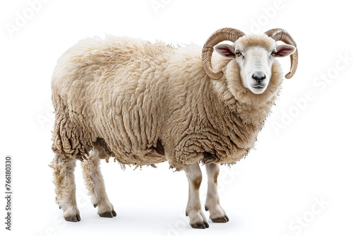 Portrait full body shot of male sheep or ram standing in front of white background. eid adha sacrificed animal in muslim belief.