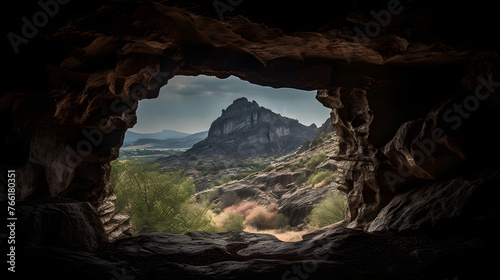 a view through a cave into the mountain