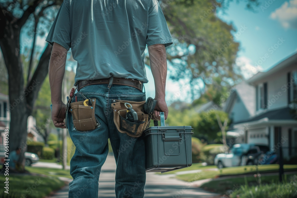A muscular plumber carrying a toolbox in a residential neighborhood. - obrazy, fototapety, plakaty 