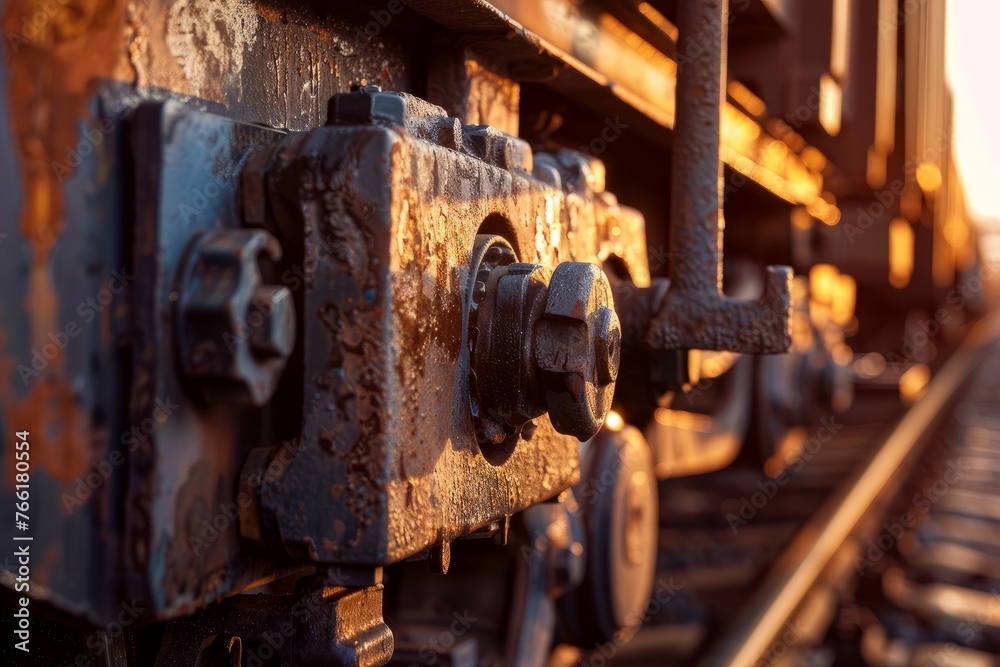 Close-Up of Train's Mechanical Link at Sunset: Industrial Beauty