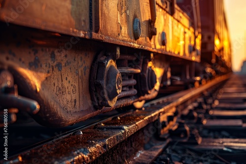 Evening Glow on Freight Train: Detailed View of Coupling Mechanism