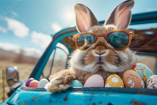 Cute Easter bunny wearing sunglasses looks out of a car filled with Easter eggs, adding a festive and whimsical touch to the holiday celebration.