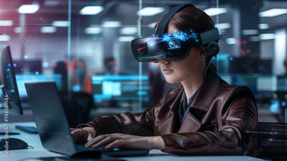 A professional using a futuristic device or wearable technology, augmented reality glasses, while working in a tech-forward office environment. A professional using a futuristic device or wearable technology, augmented reality glasses, while working in a tech-forward office environment.