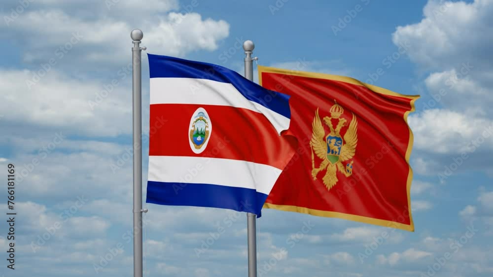 Montenegro and Costa Rico two flags waving together, looped video, two country cooperation concept Montenegro and Costa Rico two flags waving together, looped video, two country cooperation concept