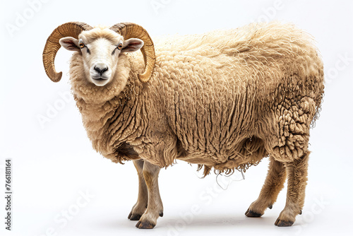 Portrait full body shot of male sheep or ram standing in front of white background. eid adha sacrificed animal in muslim belief.