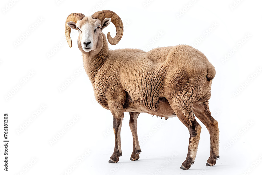 Obraz premium Portrait full body shot of male sheep or ram standing in front of white background. eid adha sacrificed animal in muslim belief.