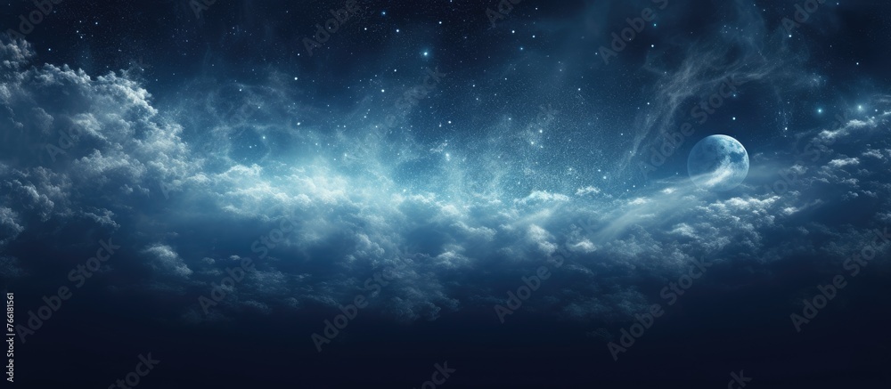 Fototapeta premium A galaxy twinkles in the midnight sky with a crescent moon in the background, casting an electric blue hue over the waters horizon among cumulus clouds