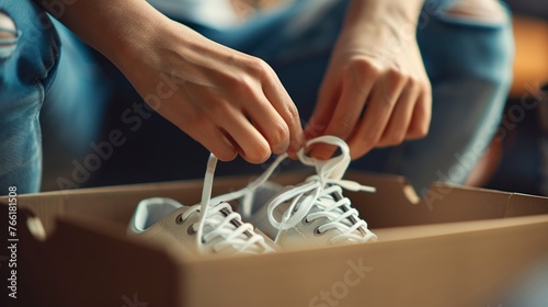 Close Look at a Shopper Trying on Shoes, Their Fingers Deftly Tying Laces and Carefully Opening a Shoebox. Shopping Experience Concept.