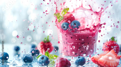 A vibrant berry smoothie erupting in a splash on a pristine white surface, with colorful droplets suspended in the air, frozen in motion.