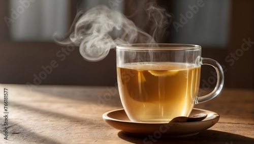 A transparent cup filled with steaming ginger tea, placed on a wooden table Generative AI