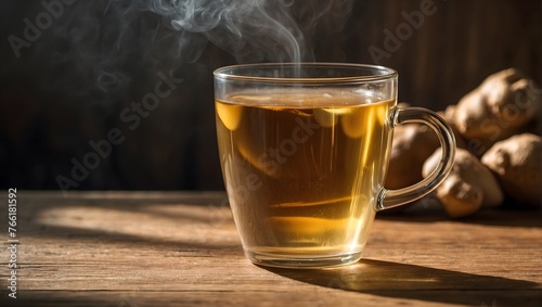 A transparent cup filled with steaming ginger tea, placed on a wooden table Generative AI