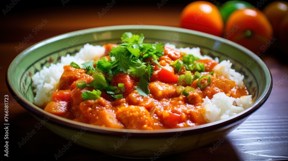 Hearty and healthy vegetable stew garnished with fresh coriander in a brown earthenware bowl.