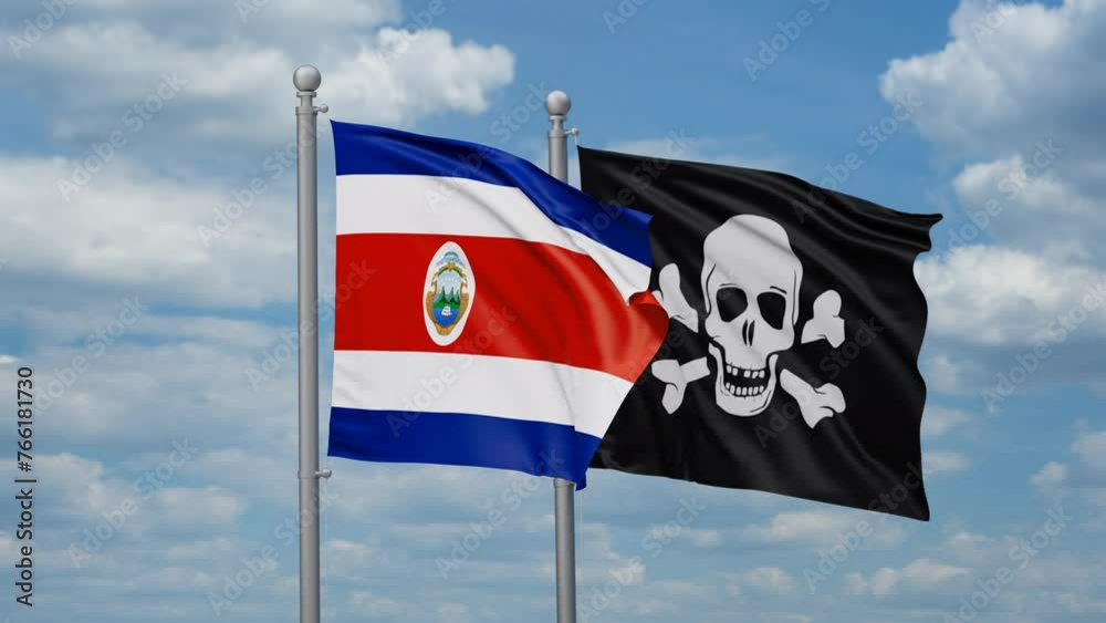 Costa Rico and Jolly Roger or pirate two flags waving together, looped video Costa Rico and Jolly Roger or pirate two flags waving together, looped video