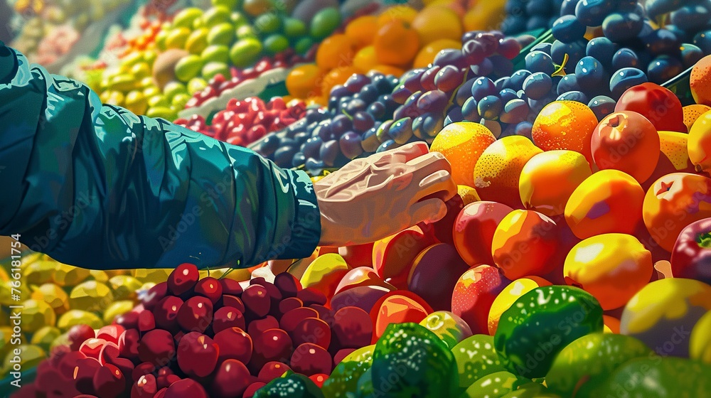 A Shopper's Hand Reaches Out to Select Ripe Fruits from a Vibrant Display at a Bustling Farmer's Market - obrazy, fototapety, plakaty 