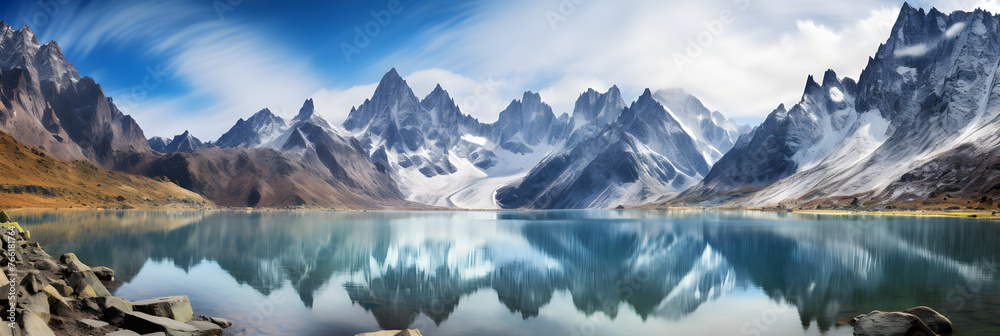 Reflection in Water: Unparalleled Natural Splendor of Imposing Mountains, Tranquil Lake, and Verdant Flora - obrazy, fototapety, plakaty 