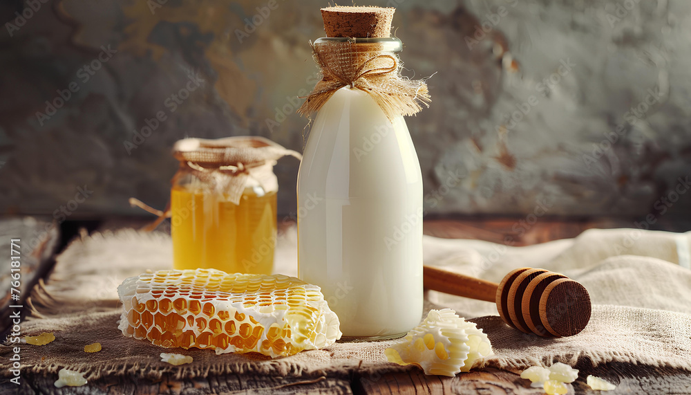 Bottle with milk and honey on table Bottle with milk and honey on table